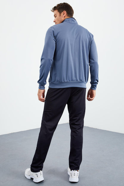 Petrol - Navy Blue High Collar Zippered Standard Fit Classic Cuff Men's Tracksuit Set - 85162