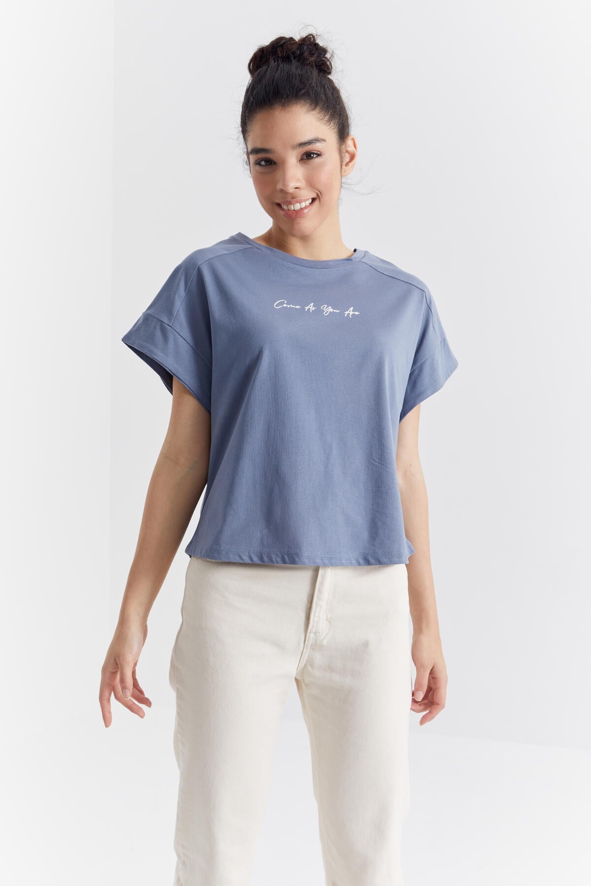 Petrol Minimal Print O Collar Oversize Women's T-Shirt - 97219