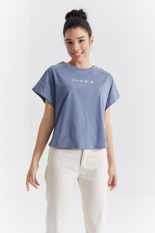 Petrol Minimal Print O Collar Oversize Women's T-Shirt - 97219