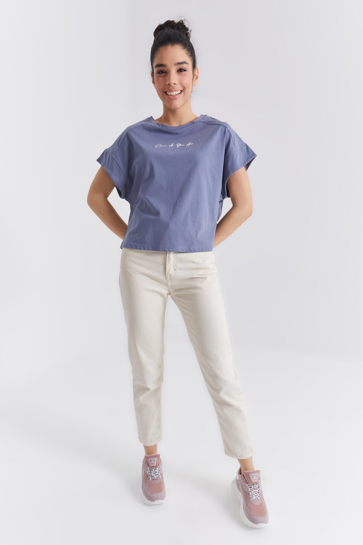 Petrol Minimal Print O Collar Oversize Women's T-Shirt - 97219
