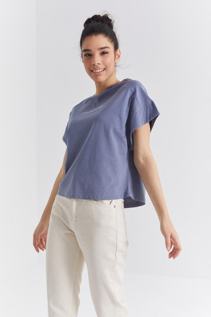Petrol Minimal Print O Collar Oversize Women's T-Shirt - 97219