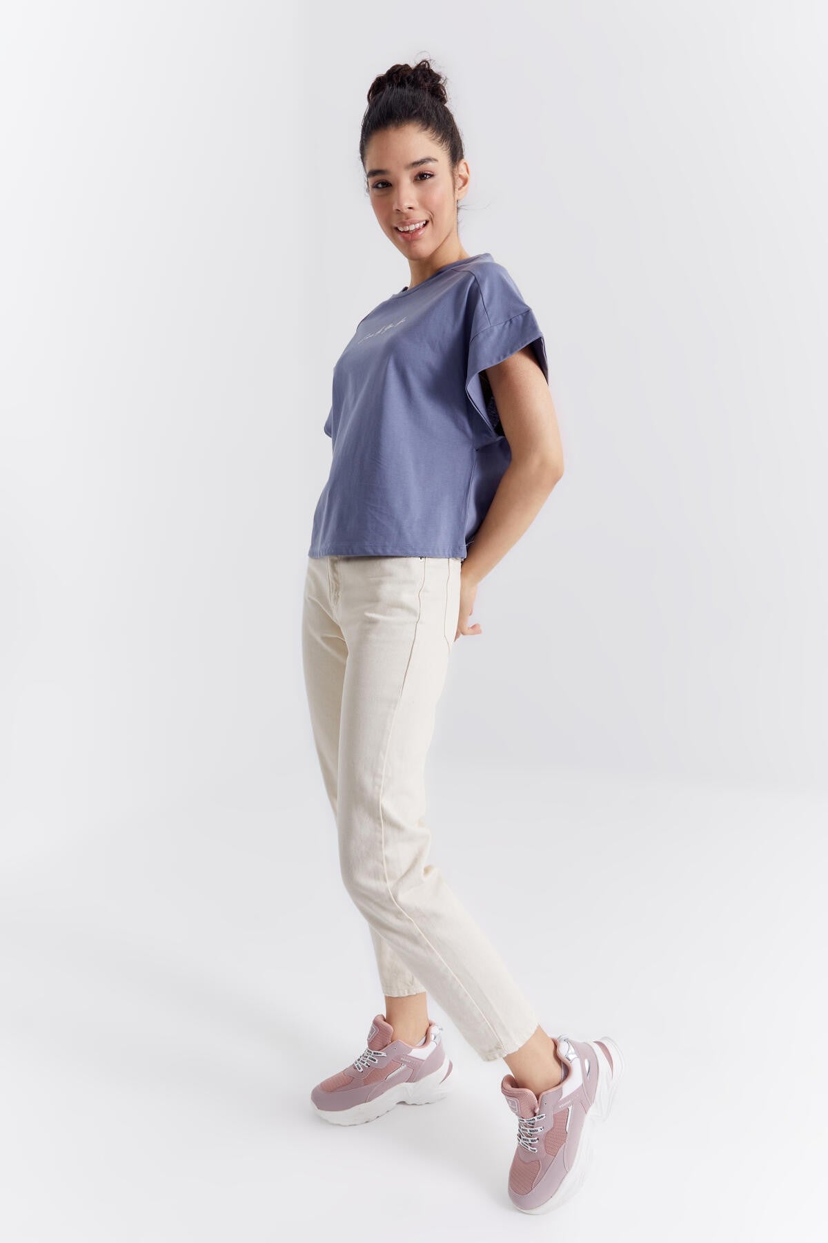 Petrol Minimal Print O Collar Oversize Women's T-Shirt - 97219