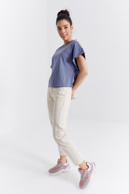 Petrol Minimal Print O Collar Oversize Women's T-Shirt - 97219