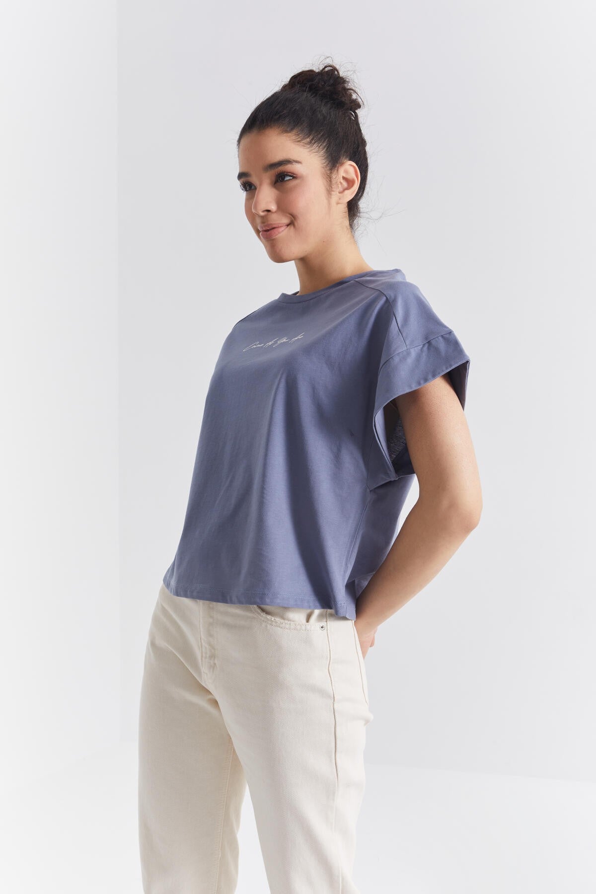 Petrol Minimal Print O Collar Oversize Women's T-Shirt - 97219