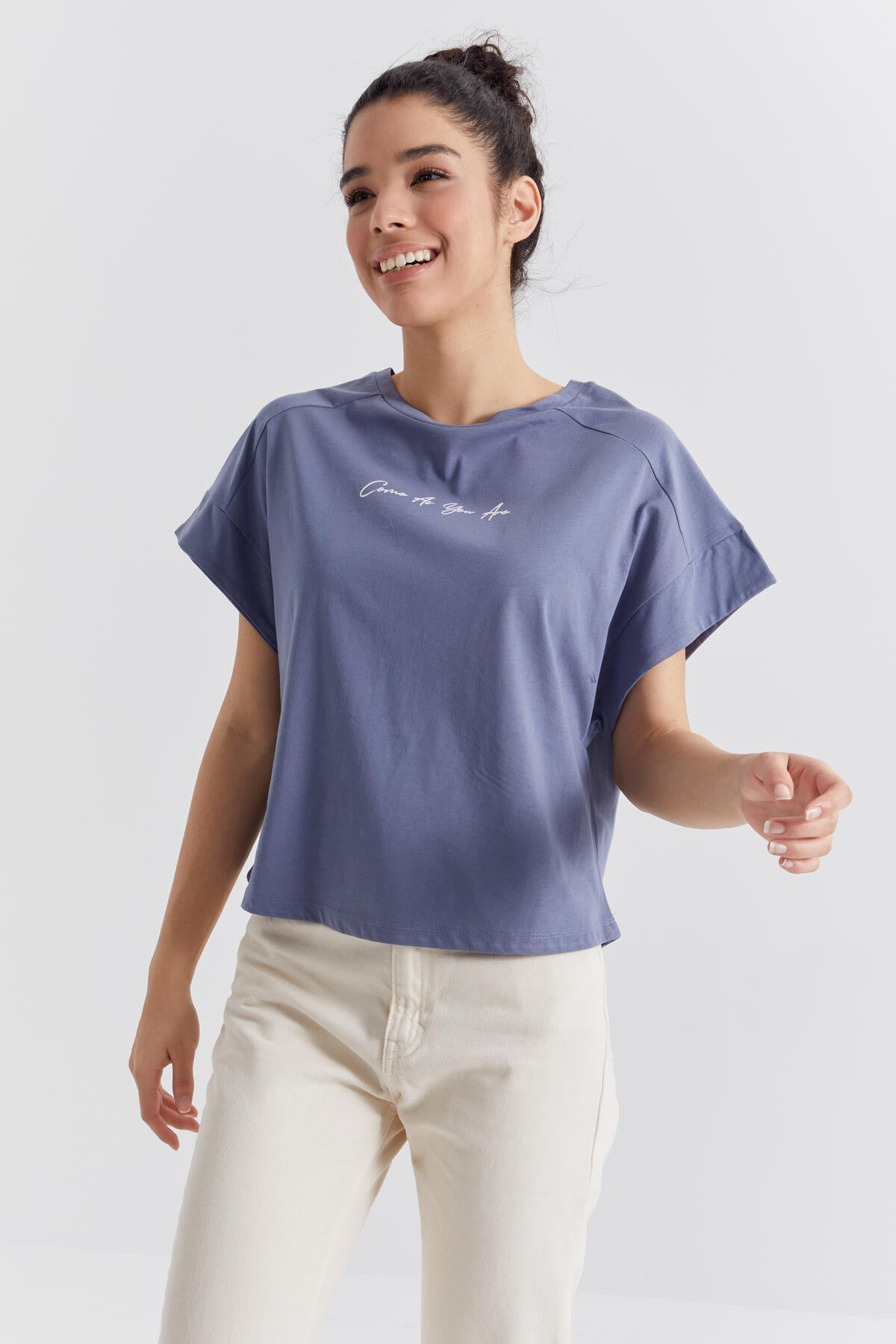 Petrol Minimal Print O Collar Oversize Women's T-Shirt - 97219