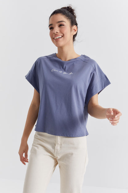 Petrol Minimal Print O Collar Oversize Women's T-Shirt - 97219