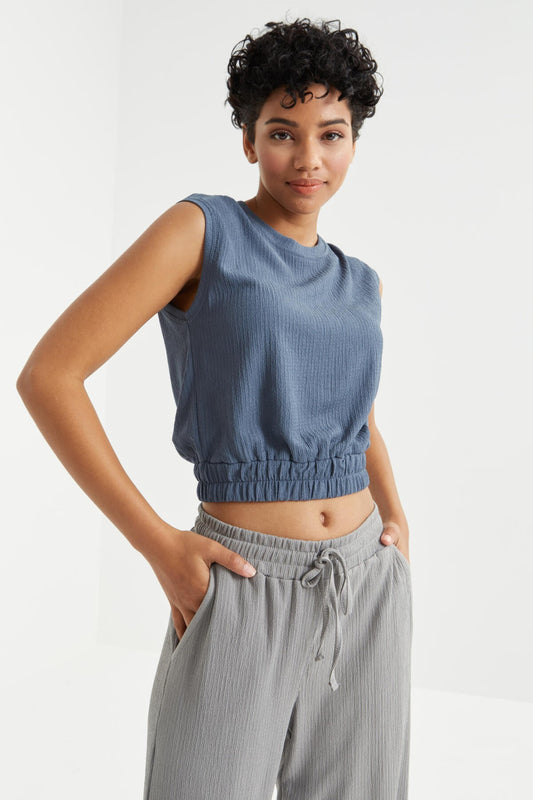 Petrol O Collar Neckless Waist Elastic Crinkle Fabric Women's Crop Top T-Shirt - 97226