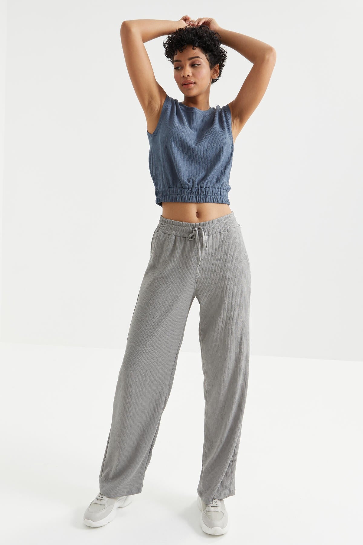 Petrol O Collar Neckless Waist Elastic Crinkle Fabric Women's Crop Top T-Shirt - 97226
