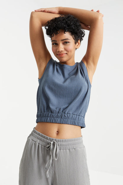 Petrol O Collar Neckless Waist Elastic Crinkle Fabric Women's Crop Top T-Shirt - 97226