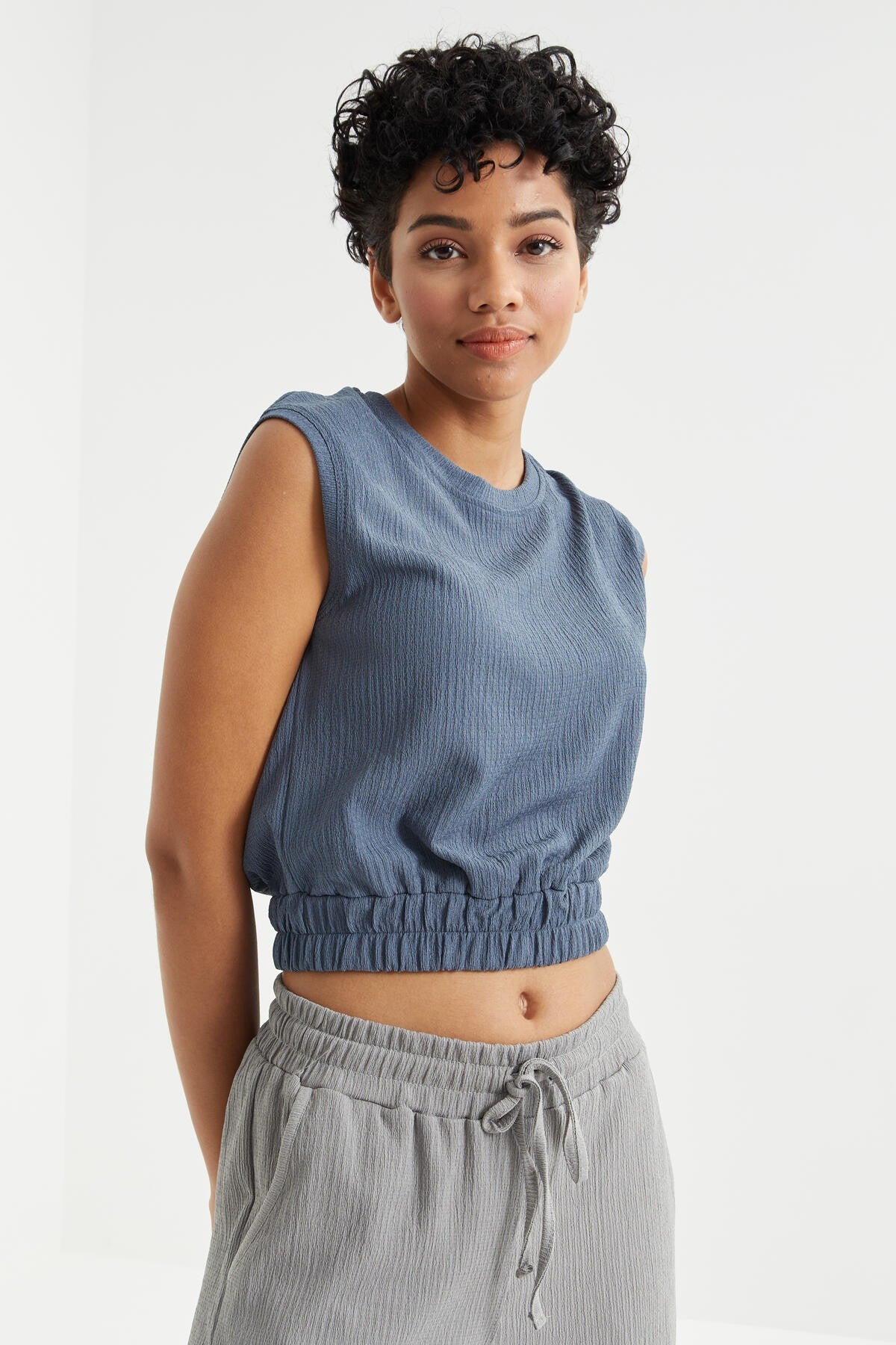 Petrol O Collar Neckless Waist Elastic Crinkle Fabric Women's Crop Top T-Shirt - 97226