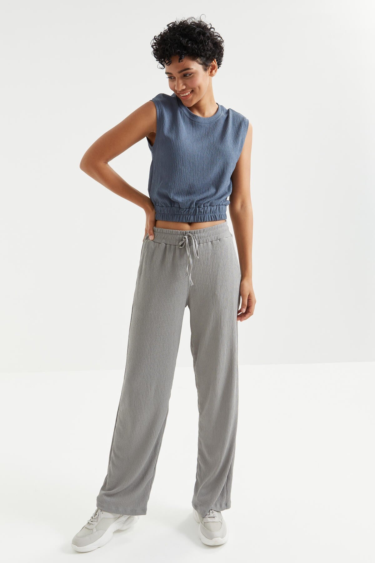 Petrol O Collar Neckless Waist Elastic Crinkle Fabric Women's Crop Top T-Shirt - 97226