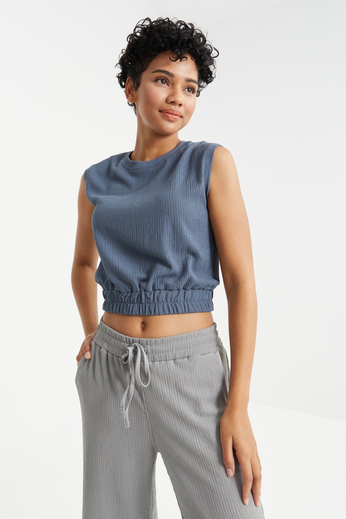 Petrol O Collar Neckless Waist Elastic Crinkle Fabric Women's Crop Top T-Shirt - 97226
