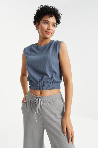Petrol O Collar Neckless Waist Elastic Crinkle Fabric Women's Crop Top T-Shirt - 97226