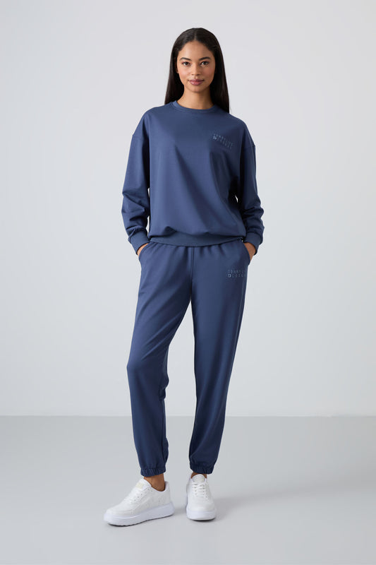 Petrol Basic Cotton O Collar Oversize Elastic Cuff Women's Tracksuit Set - 95287