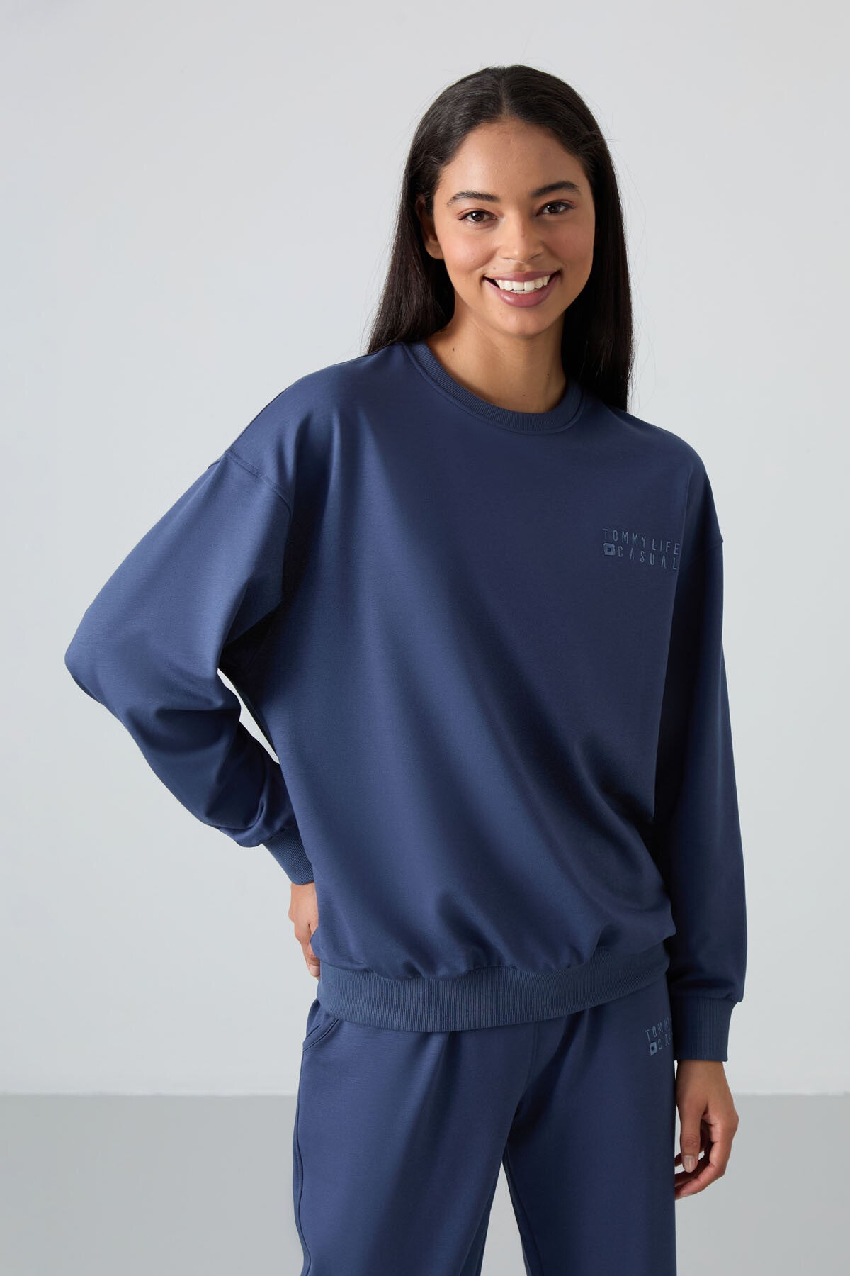 Petrol Basic Cotton O Collar Oversize Elastic Cuff Women's Tracksuit Set - 95287