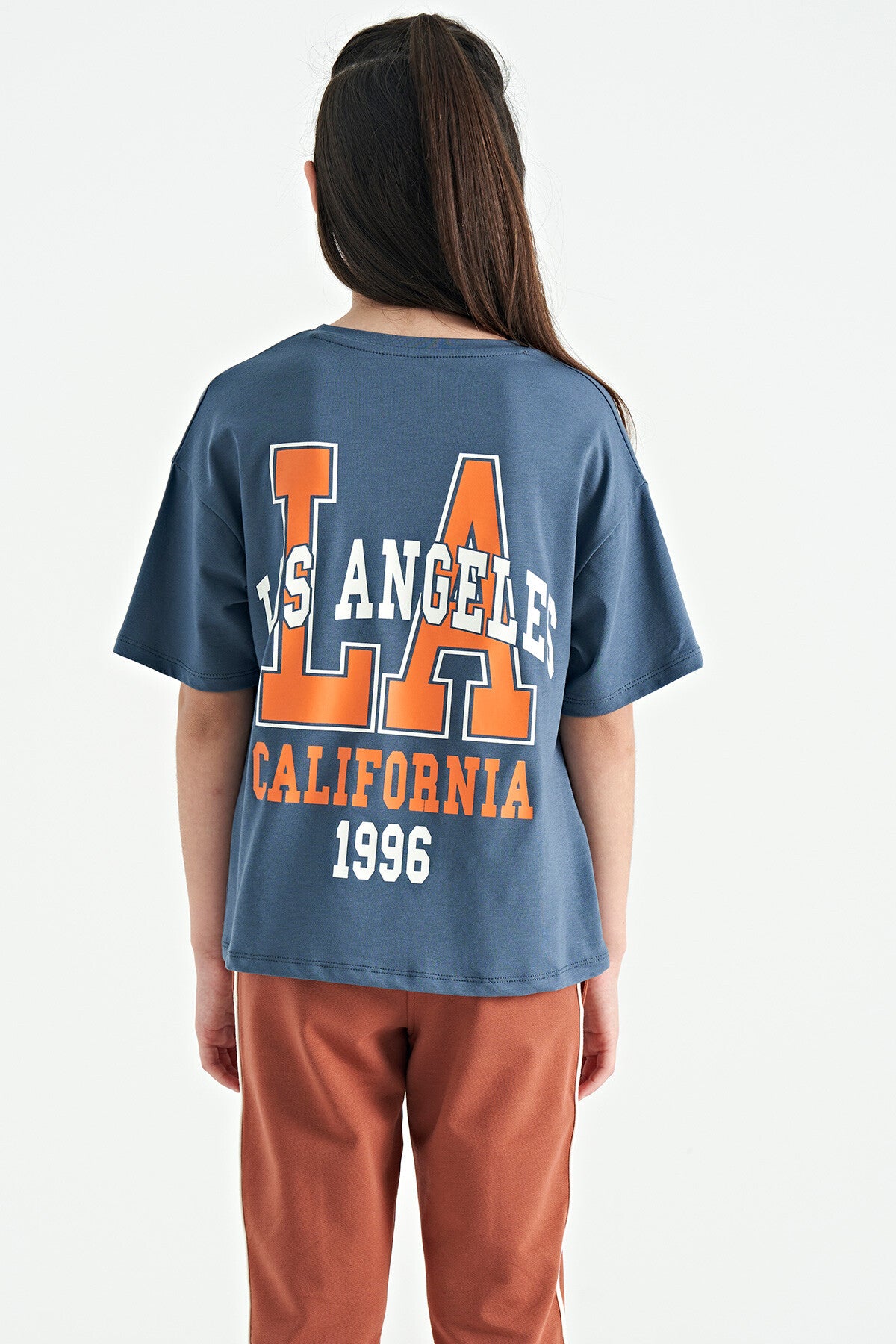 Petrol Front Back Print O Collar Oversize Short Sleeve Girl's T-Shirt - 75127