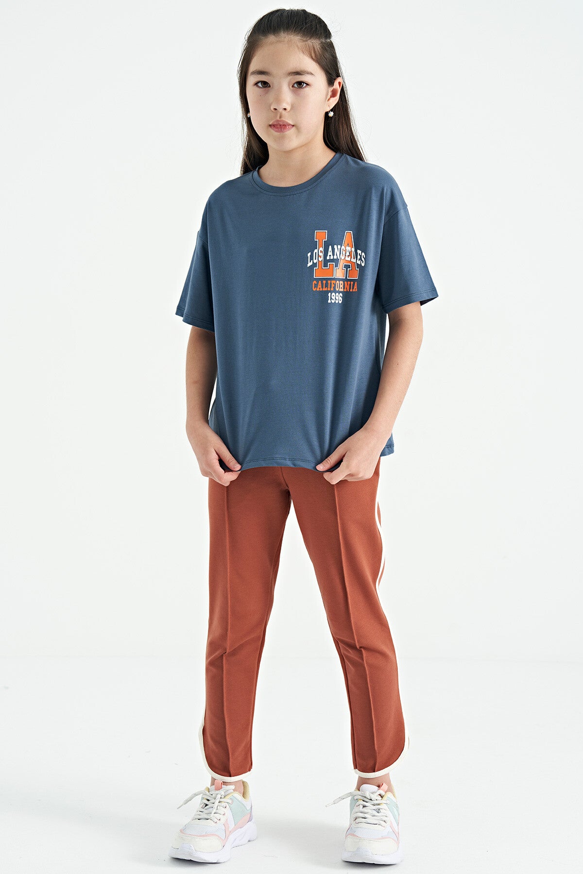 Petrol Front Back Print O Collar Oversize Short Sleeve Girl's T-Shirt - 75127