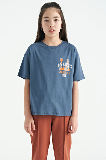Petrol Front Back Print O Collar Oversize Short Sleeve Girl's T-Shirt - 75127