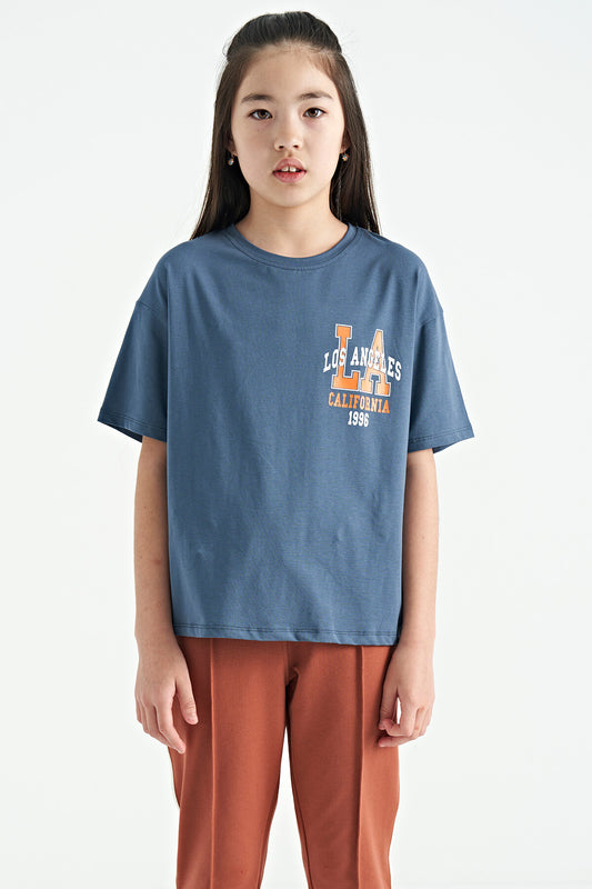 Petrol Front Back Print O Collar Oversize Short Sleeve Girl's T-Shirt - 75127