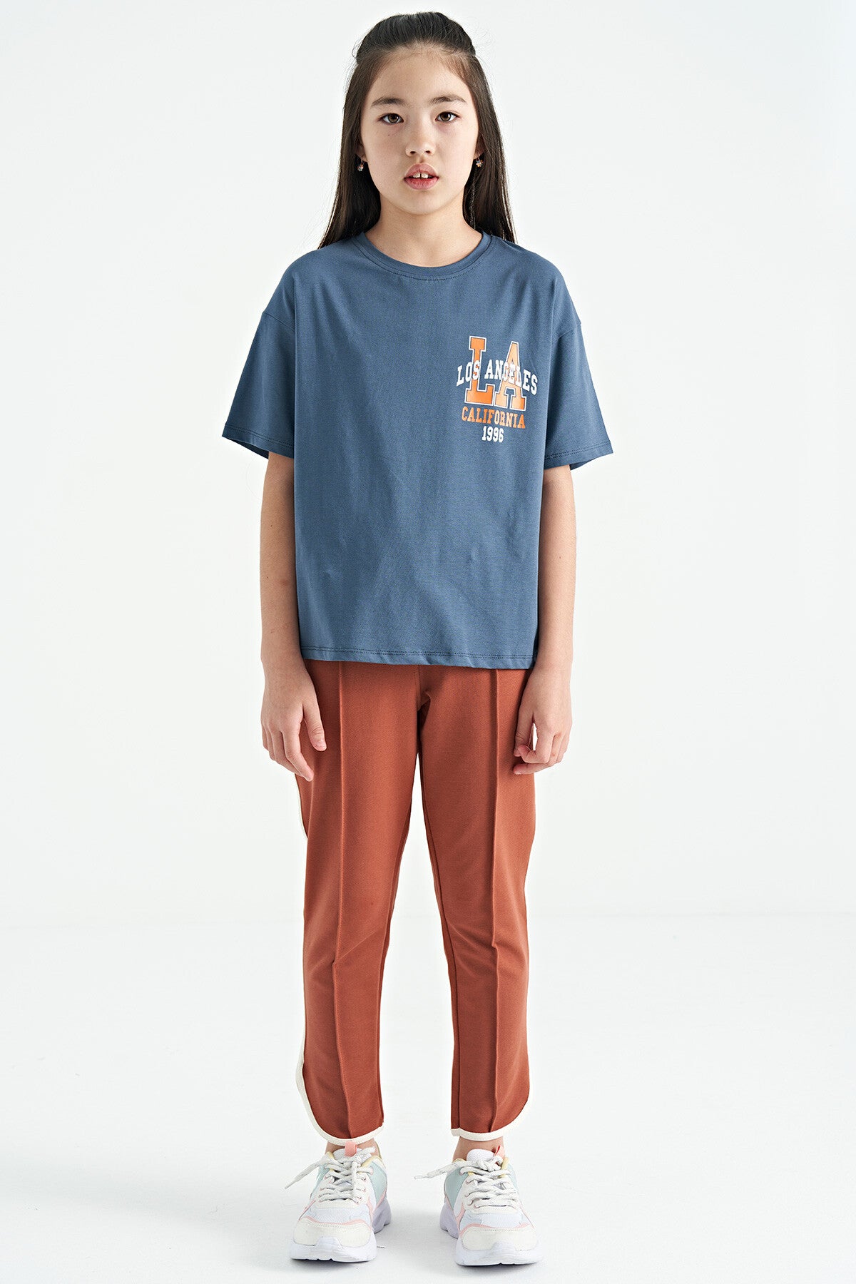Petrol Front Back Print O Collar Oversize Short Sleeve Girl's T-Shirt - 75127