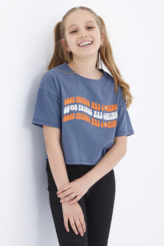 Petrol Oversize Color Print Low Shoulder O Neck Girl's Crop T-Shirt - 75038