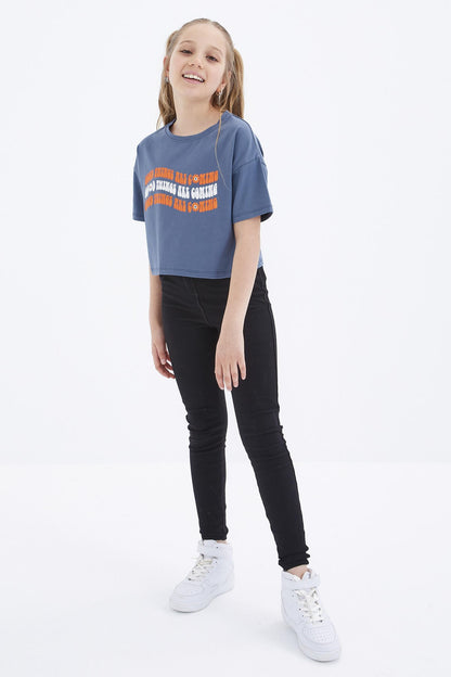 Petrol Oversize Color Print Low Shoulder O Neck Girl's Crop T-Shirt - 75038