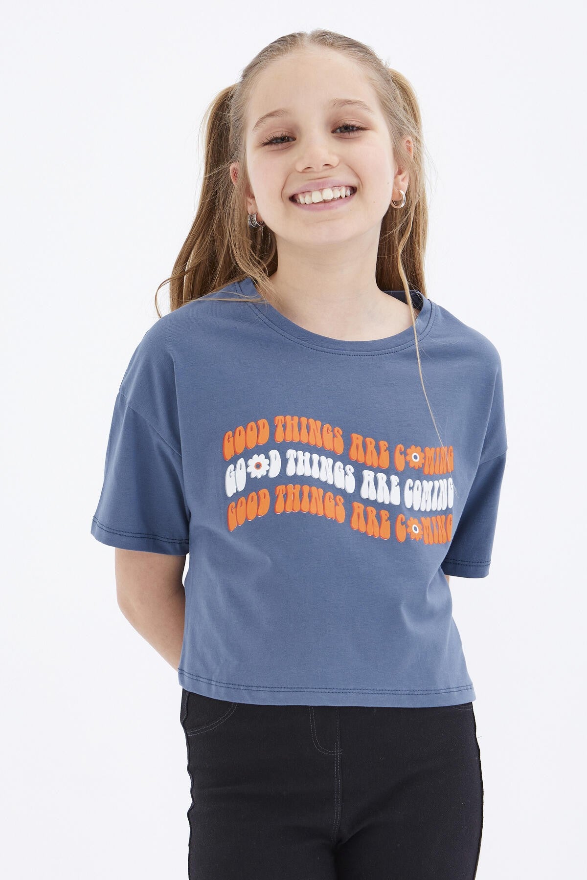 Petrol Oversize Color Print Low Shoulder O Neck Girl's Crop T-Shirt - 75038