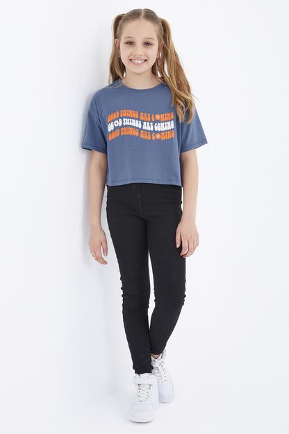 Petrol Oversize Color Print Low Shoulder O Neck Girl's Crop T-Shirt - 75038
