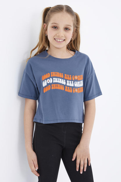 Petrol Oversize Color Print Low Shoulder O Neck Girl's Crop T-Shirt - 75038