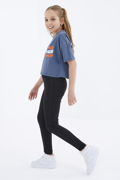 Petrol Oversize Color Print Low Shoulder O Neck Girl's Crop T-Shirt - 75038