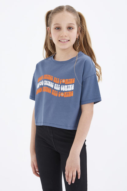 Petrol Oversize Color Print Low Shoulder O Neck Girl's Crop T-Shirt - 75038
