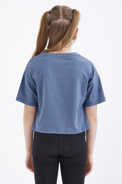 Petrol Oversize Color Print Low Shoulder O Neck Girl's Crop T-Shirt - 75038