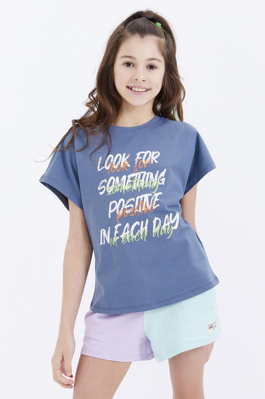 Petrol Oversize Color Print O Collar Girl's T-Shirt - 75029