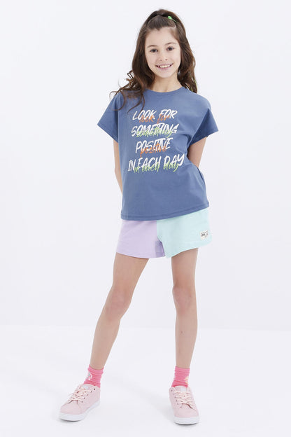 Petrol Oversize Color Print O Collar Girl's T-Shirt - 75029