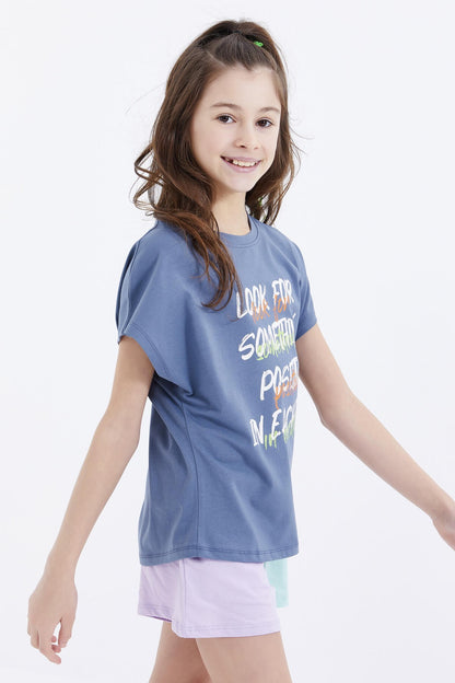 Petrol Oversize Color Print O Collar Girl's T-Shirt - 75029