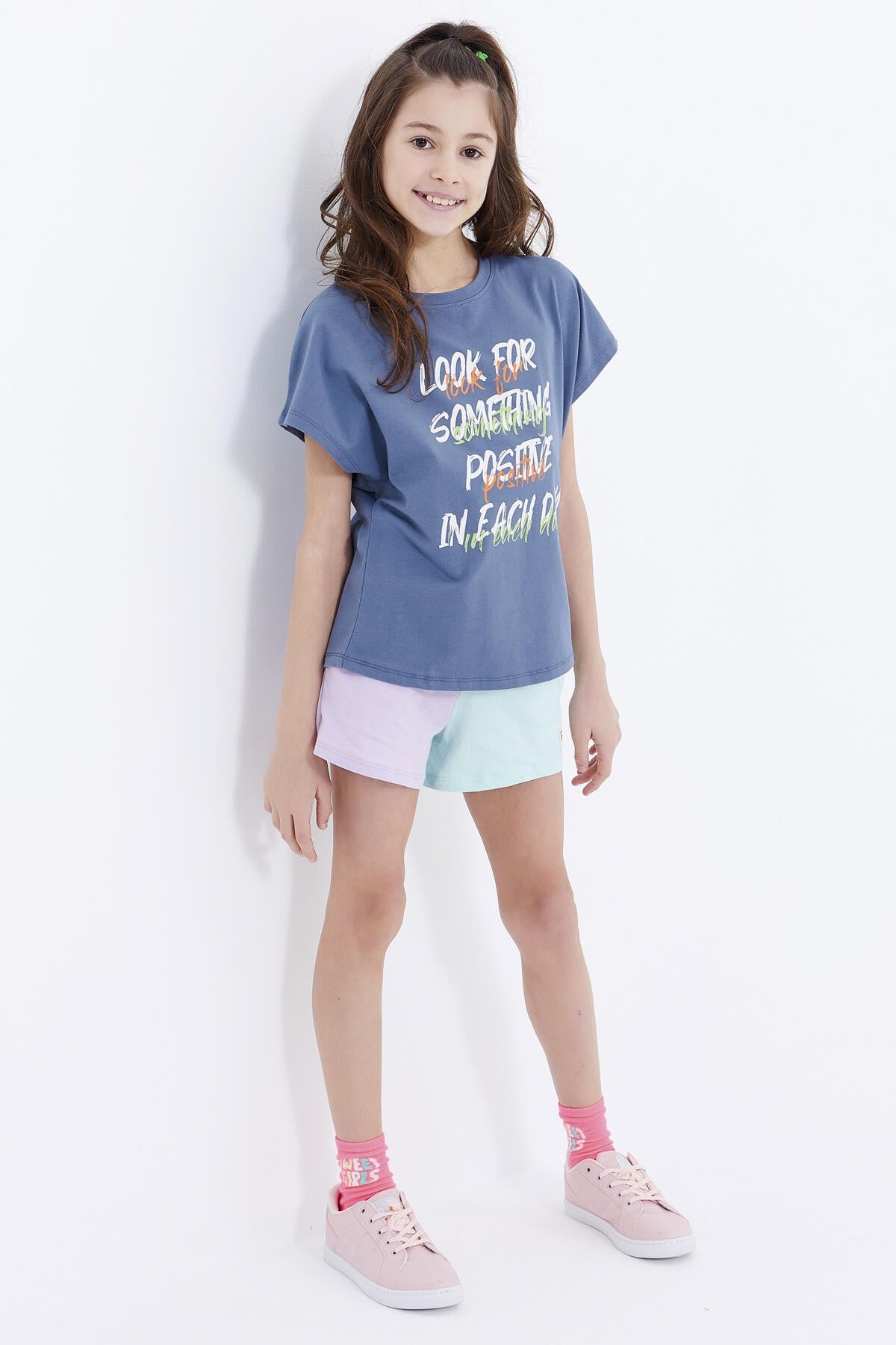 Petrol Oversize Color Print O Collar Girl's T-Shirt - 75029
