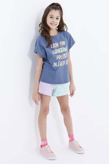 Petrol Oversize Color Print O Collar Girl's T-Shirt - 75029