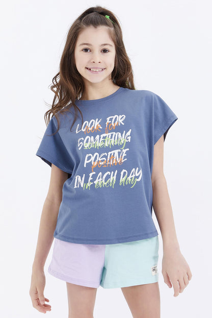 Petrol Oversize Color Print O Collar Girl's T-Shirt - 75029