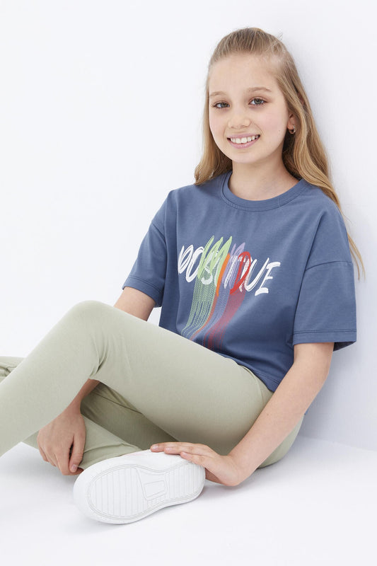 Petrol Color Print O Collar Oversize Drop Shoulder Girls Crop T-Shirt - 75036