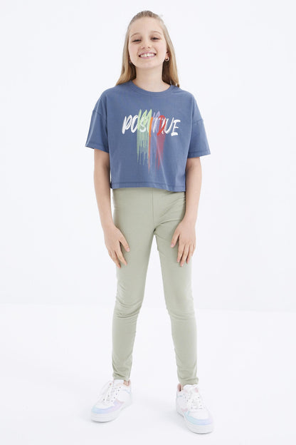 Petrol Color Print O Collar Oversize Drop Shoulder Girls Crop T-Shirt - 75036