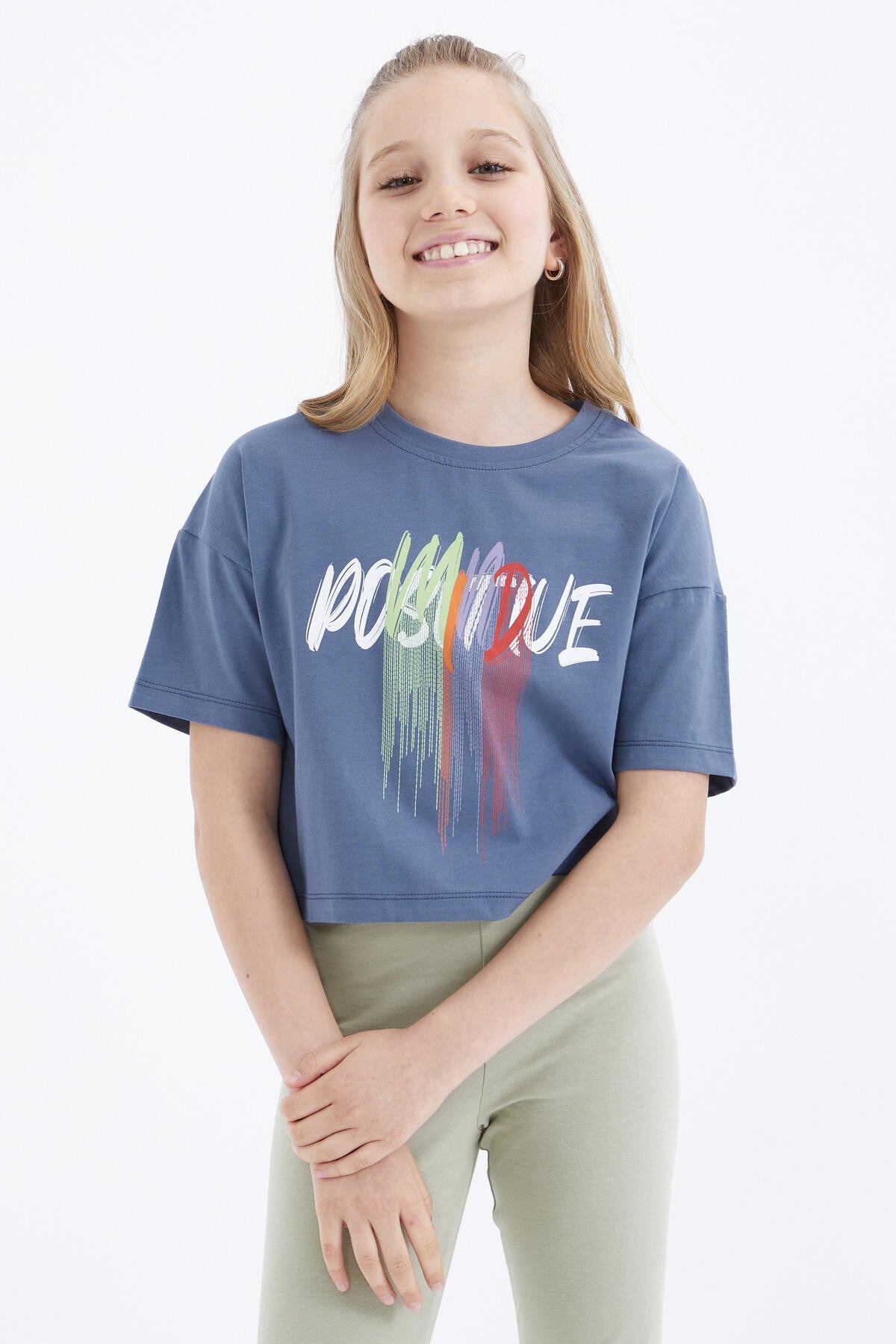 Petrol Color Print O Collar Oversize Drop Shoulder Girls Crop T-Shirt - 75036