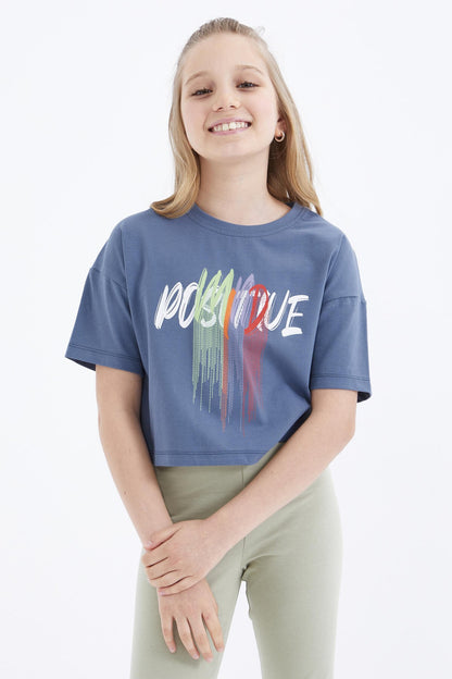 Petrol Color Print O Collar Oversize Drop Shoulder Girls Crop T-Shirt - 75036