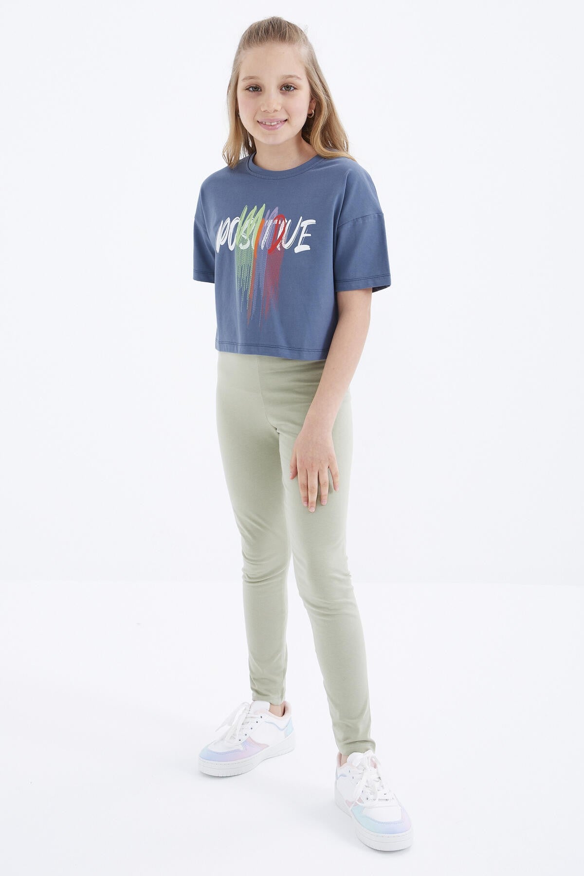 Petrol Color Print O Collar Oversize Drop Shoulder Girls Crop T-Shirt - 75036