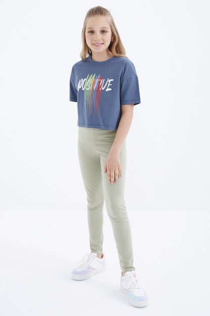Petrol Color Print O Collar Oversize Drop Shoulder Girls Crop T-Shirt - 75036