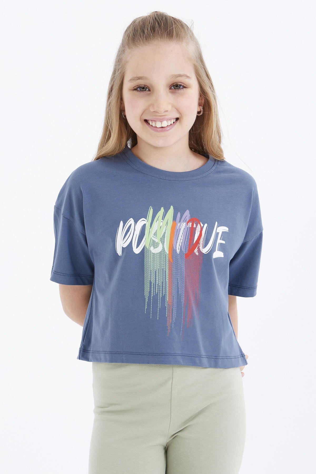 Petrol Color Print O Collar Oversize Drop Shoulder Girls Crop T-Shirt - 75036