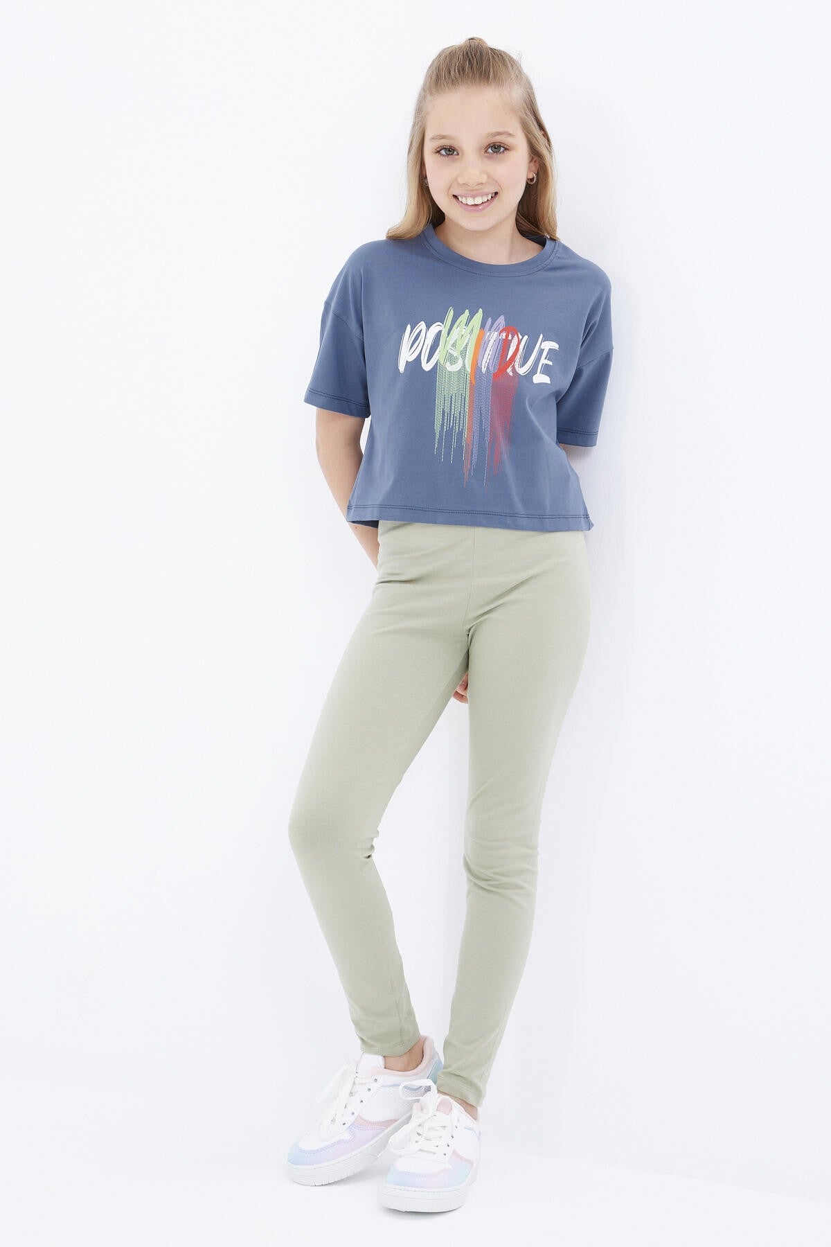 Petrol Color Print O Collar Oversize Drop Shoulder Girls Crop T-Shirt - 75036