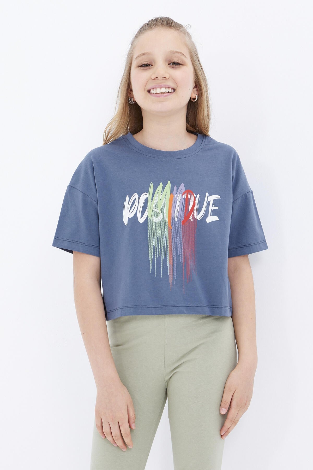 Petrol Color Print O Collar Oversize Drop Shoulder Girls Crop T-Shirt - 75036