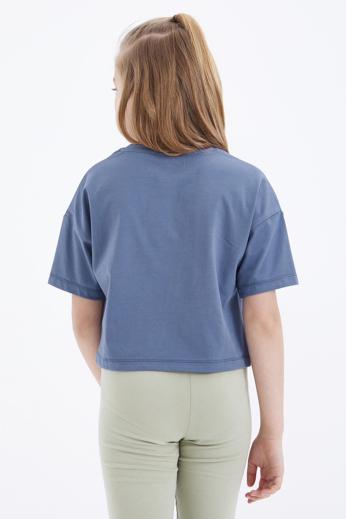 Petrol Color Print O Collar Oversize Drop Shoulder Girls Crop T-Shirt - 75036