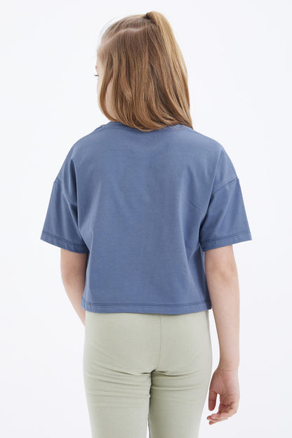 Petrol Color Print O Collar Oversize Drop Shoulder Girls Crop T-Shirt - 75036