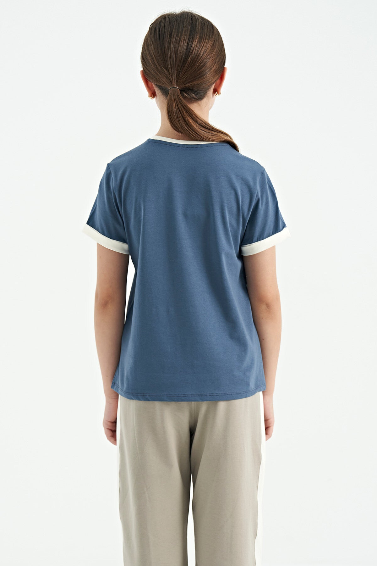 Petrol Colored Writing Detailed O Collar Comfort Fit Girls T-Shirt - 75109